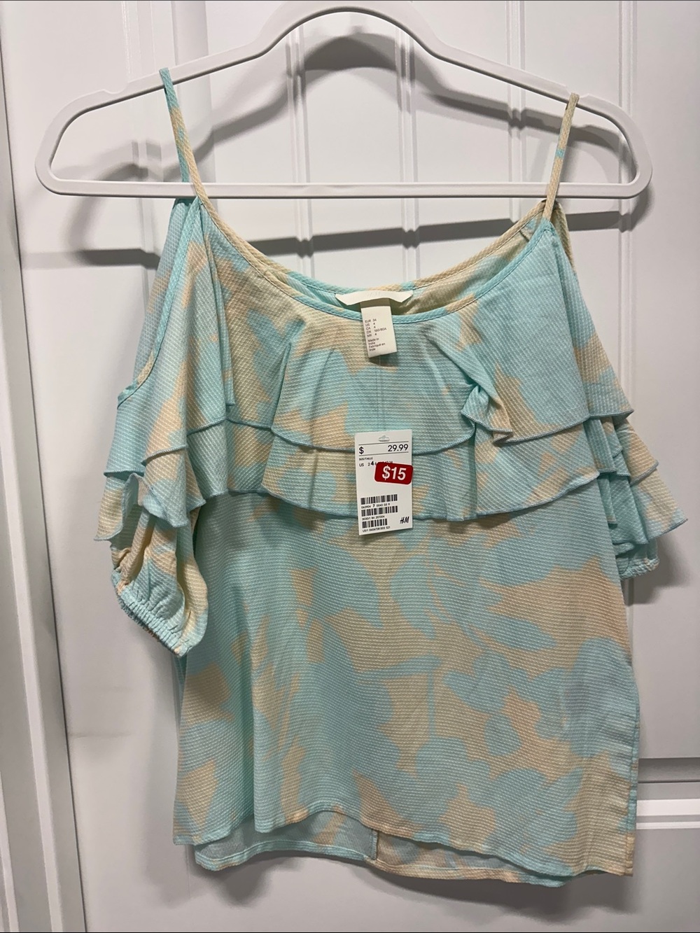 H&M Aqua & Cream Cold-Shoulder Ruffle Blouse